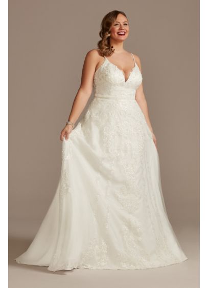 Lace Applique Tulle Plus Size Wedding Dress - This stunning glitter tulle dress features a fitted